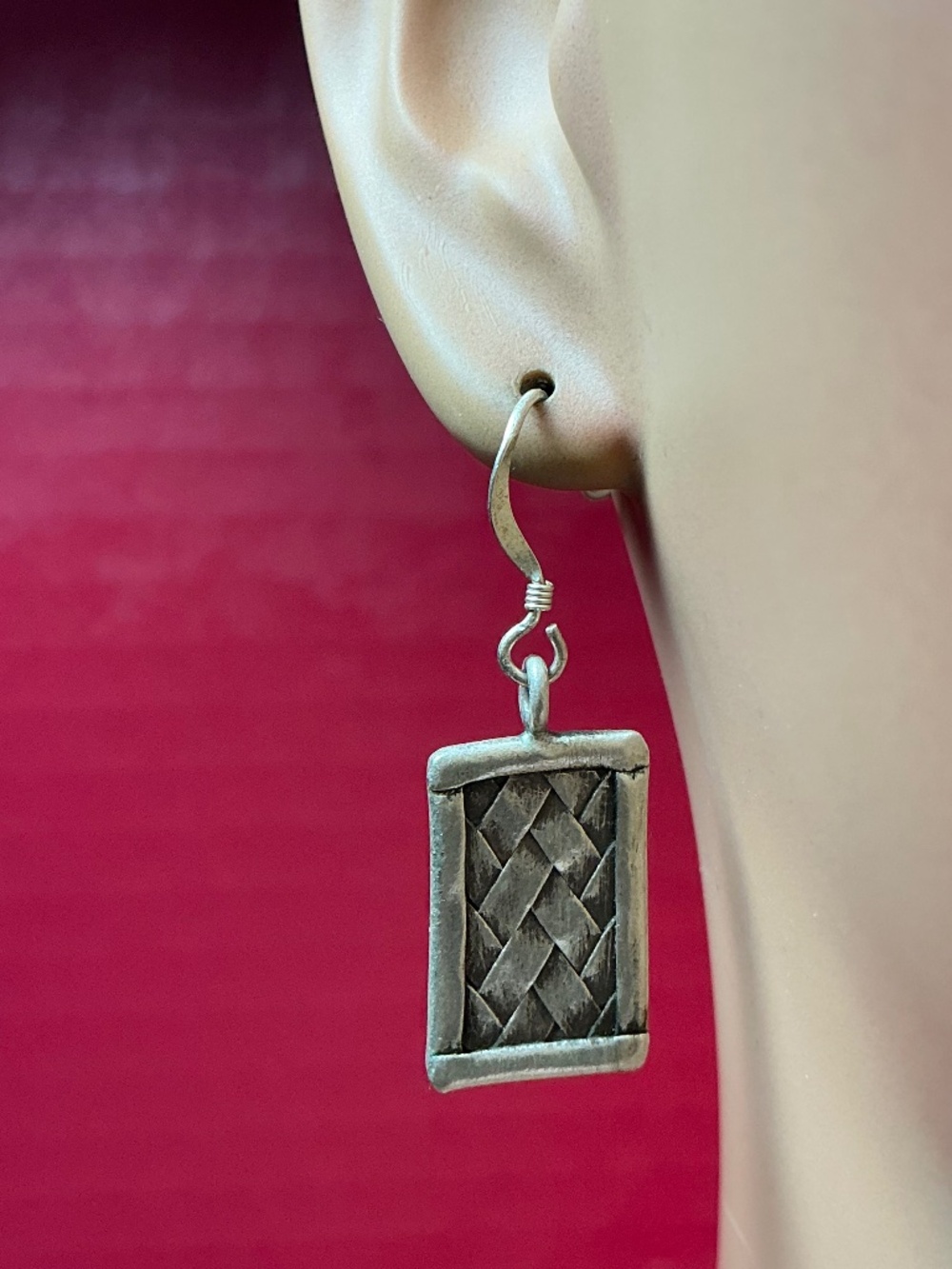 Sterling Silver Basket Weave Rectangular Shape Dangle Earrings. 1.5” long